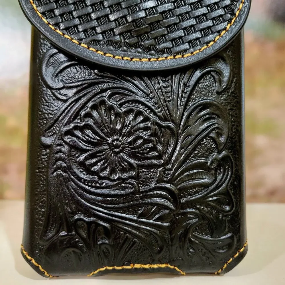 Western Cowboy Belt Loop Phone Holster Black LARGE Genuine Leather Basketweave